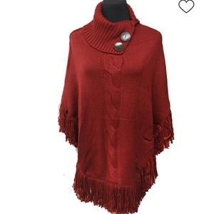 COPY - Poncho Cowl Neck Buttons Fringe 🍷 Wine Color One Size